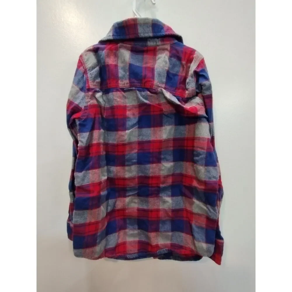 OshKosh B'gosh Boys Size 14 Flannel Plaid Button Down Shirt Red Blue Gray Cotton